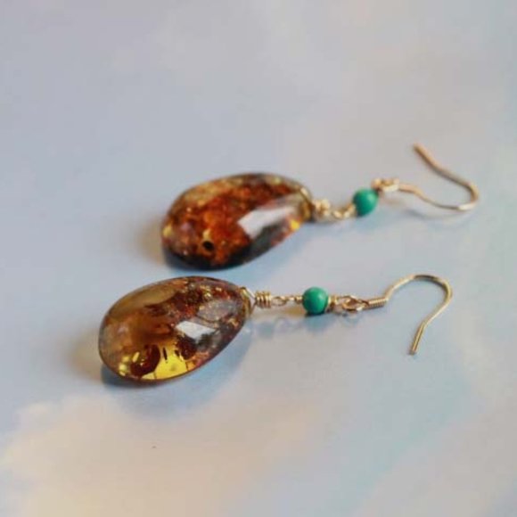 Sterling Silver Natural Baltic Amber Natural Turquoise Stone Earrings for Her - Picture 3 of 7